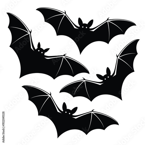 A group of silhouetted bats in flight against a white background