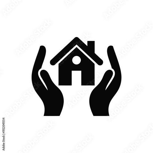 Black silhouette of a house protected by two embracing hands