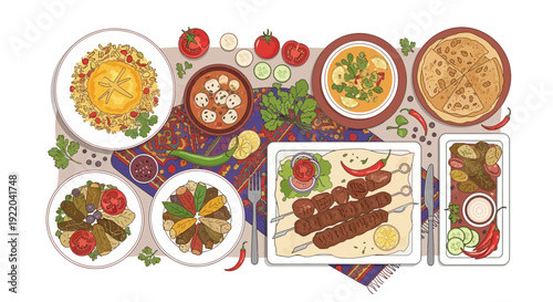 An Overhead View of a Delicious and Abundant Meal Featuring Kebabs, Rice, and Flatbreads
