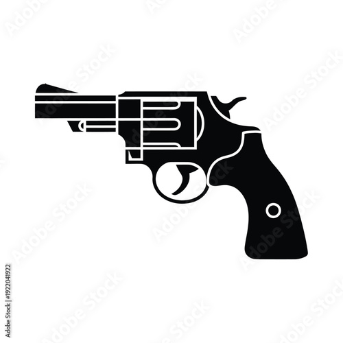 A stark black silhouette of a revolver pistol isolated on white