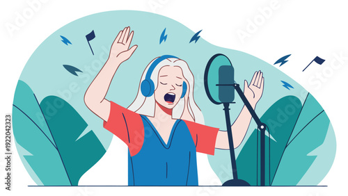 A blonde woman with headphones sings passionately into a studio microphone with her hands raised high.