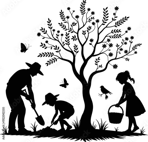Family gardening vector illustration with tree, children and parents planting, butterflies and birds, nature conservation, eco lifestyle and outdoor environmental education concept