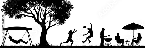 Family outdoor leisure silhouette with people relaxing under tree, children playing games, barbecue cooking, and summer picnic scene, vector illustration for lifestyle design