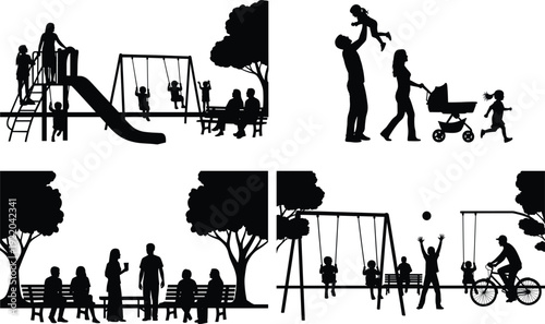 Family park vector illustration with parents, children, playground swings, trees, benches, outdoor recreation silhouette design, happy family lifestyle concept, relaxing leisure activity