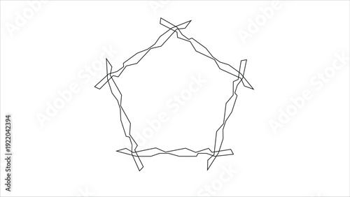 A minimalist line art illustration of a barbwire fence in a circular shape with sharp points and twisted metal wires