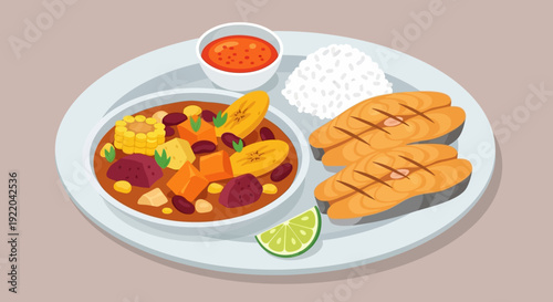 Delicious Grilled Salmon with Stew and Rice Plate - Healthy Meal Illustration