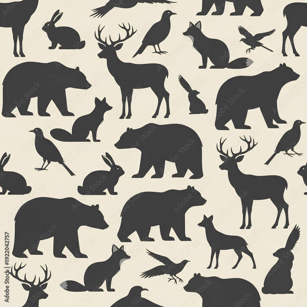 Obraz premium Seamless Pattern of Forest Animal Silhouettes on Beige Background 2.