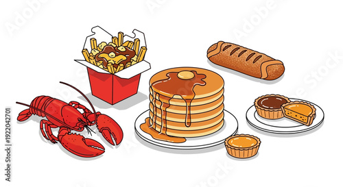Canadian Delicacies Collection Featuring Poutine, Lobster, Pancakes, and Pastries