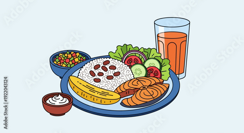 Delicious Salmon and Rice Meal with Beans, Plantains, Salad, and Juice
