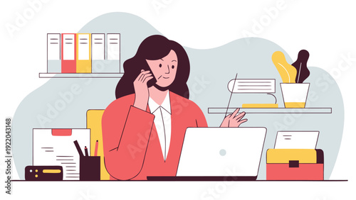 A businesswoman with long dark hair talks on her phone and works on a laptop at a busy office desk.