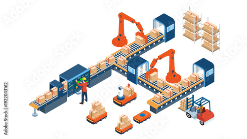 Isometric Factory Production Line with Conveyor and Workers Vector Illustration