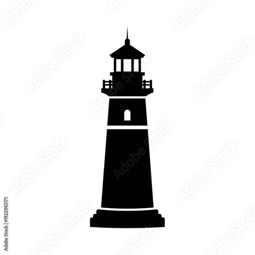 Iconic Black Silhouette of a Traditional Lighthouse Tower with Lantern Room, Representing Guidance and Safety