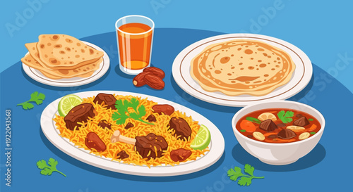 Traditional Middle Eastern Food Platter Featuring Rice, Meat, Dates, Bread, and Juice