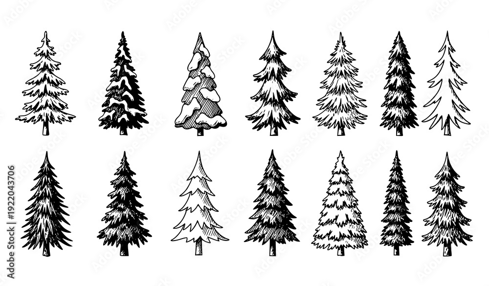 Obraz premium Hand-Drawn Christmas Pine Tree Icons – Winter Forest Vector Set