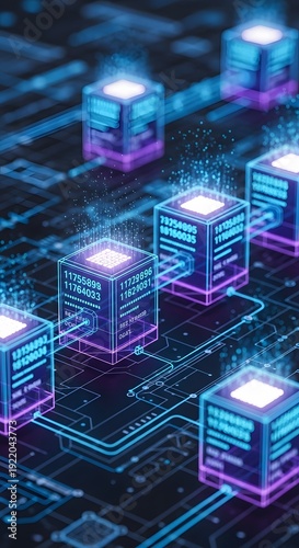 Abstract Digital Network of Glowing Cubes and Circuits.