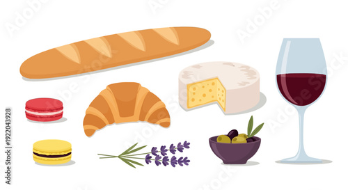 French Delicacies Croissant, Baguette, Macarons, Cheese, Olives and Wine Glass