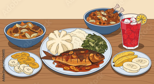 Delicious and diverse African food platter with fish, plantains, and a refreshing drink