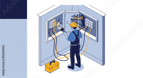 An electrician in a hard hat and overalls is performing maintenance or installation work on an electrical panel with multiple wires and components, with a toolbox nearby.