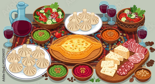 Traditional Georgian Feast with Khachapuri, Khinkali, and Assorted Meats and Dips