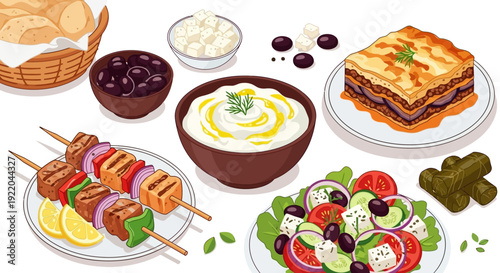 Delicious Greek Food Platter With Fresh Salad, Moussaka, And Grilled Skewers