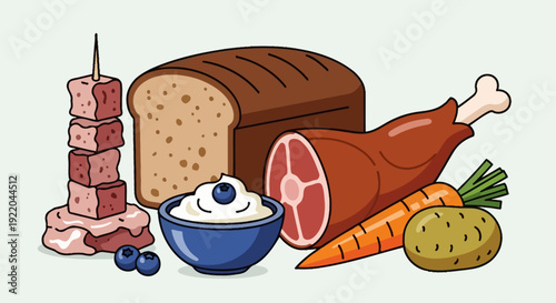 Various food items including meat, bread, vegetables, and dairy products displayed together