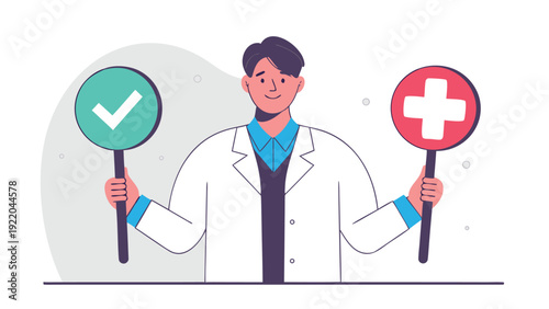 A smiling male doctor in a white lab coat holds up a green checkmark and a red plus sign.