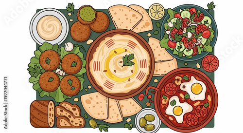 Vibrant Middle Eastern Feast Hummus, Falafel, Salad, and Shakshuka Platter