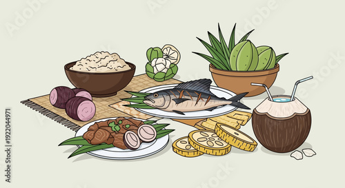 A Delicious Seafood Meal with Rice, Vegetables, and Coconut Water