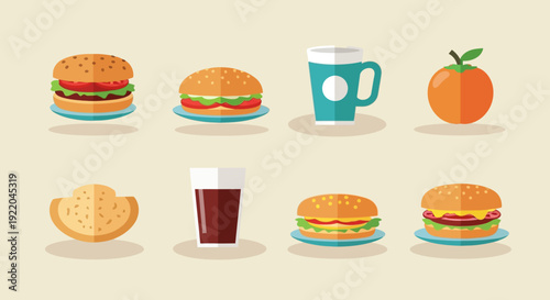 Set of various food and drink icons including burgers, fries, and beverages