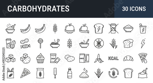 Collection of simple line icons representing various carbohydrates and related concepts, displayed on a clean white background with a header banner