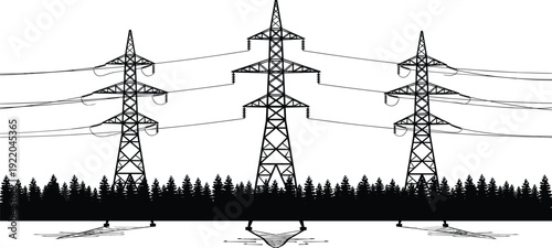 Black industrial silhouette of high voltage electric transmission towers and pylons over a pine forest for power grid infrastructure and energy distribution infographics