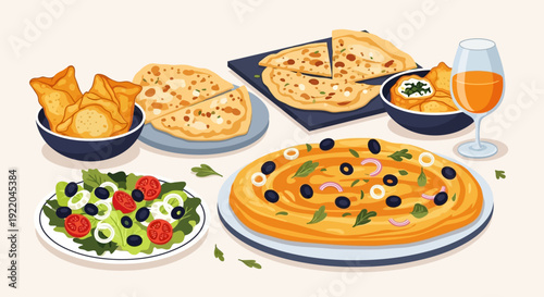 Delicious Meal Featuring Pizza, Salad, Naan Bread, and a Drink