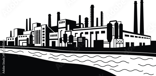 Black and white industrial factory silhouette with chimneys and river for manufacturing plant logo energy power station icon and environmental water pollution infographic