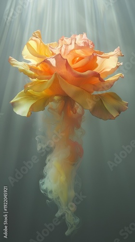 A close-up of a blooming yellow and orange rose. Smoke-like material emanates from the petals. Light rays shine down from above. AI.