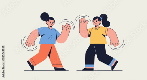 Two cartoon people waving hello to each other on a plain background illustration