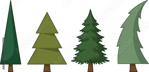 Set of stylized evergreen tree illustrations in flat and cartoon style, green pine and fir trees isolated on white background for nature design use