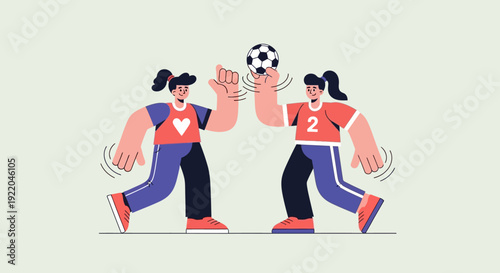 Two young girls playing soccer together, high-fiving after scoring a goal