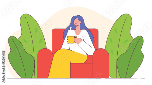 Stylish woman with long blue hair and a white blouse sits in a red armchair, holding a yellow mug.