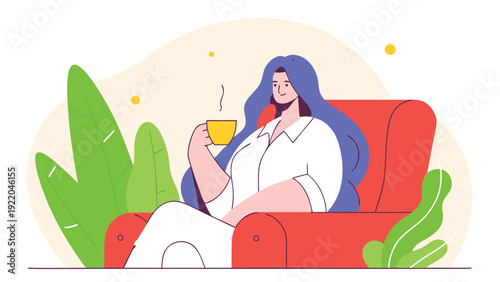 Stylish woman with long blue hair and a white blouse sits comfortably in a red armchair, drinking from a yellow mug.