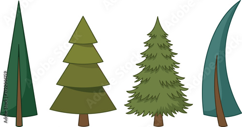 Stylized evergreen and pine tree set illustration showing diverse forest conifer shapes, flat vector design, isolated on white background for nature and ecology themes