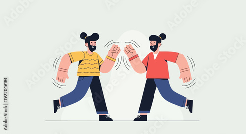 Two friendly people giving a high five celebrating success and agreement on a plain background