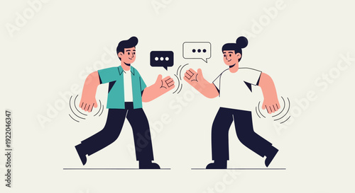 Two friends communicate with each other via speech bubbles and hand gestures