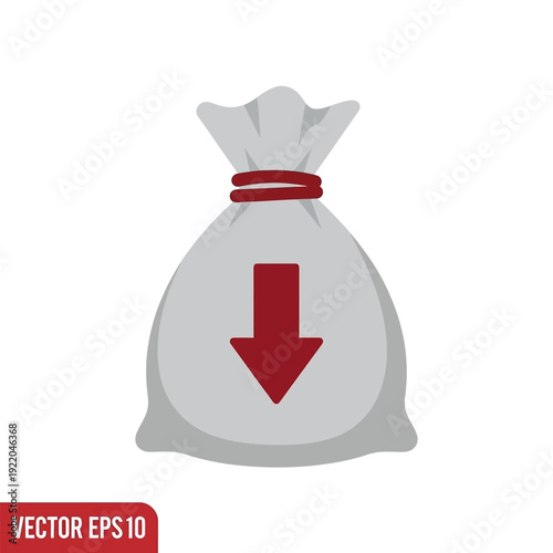 Illustrative graphic icon of a money bag with a red down arrow indicating a decrease in value or a loss of funds
