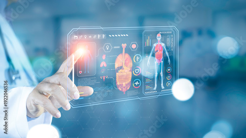 Photos Doctor using digital medical interface with human body hologram and health data analysis