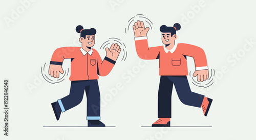 Two cartoon characters giving high fives with waving hands and smiles
