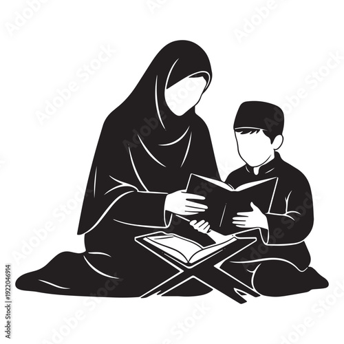 Muslim Mother Teaching Child Quran – Islamic Family Learning and Ramadan Education Silhouette Vector