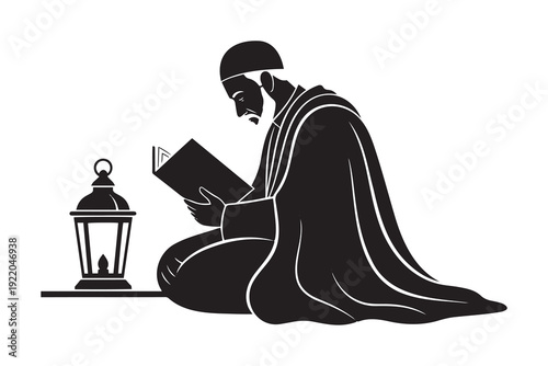 Muslim Man Reading Quran with Lantern – Islamic Ramadan Night Worship Silhouette Vector Illustration