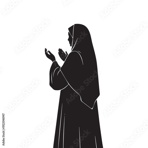 Muslim Woman Praying Silhouette – Islamic Prayer and Spiritual Worship Vector Illustration