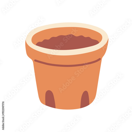 Terracotta flower pot vector illustration in flat minimalist style. Cute gardening element with soil, isolated on white, perfect for spring designs, nursery art, plant branding, patterns, eco project