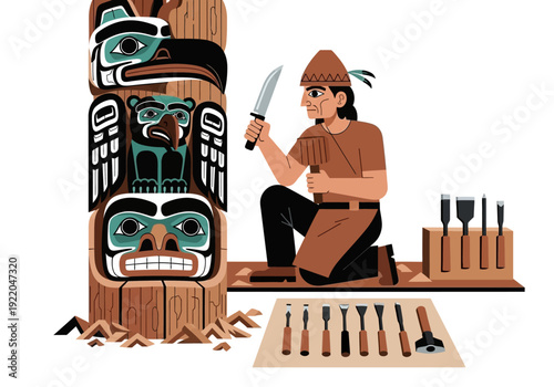 Man carving totem pole with knife.